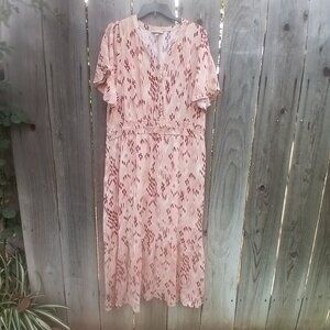 KNOX ROSE DRESS WOMENS SIZE XXL PINK FLORAL PRINT V-TIE NECK ELASTIC WAIST RAYON